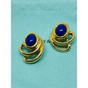 Tiffany & Co 18k 750 Yellow Gold lapis lazuli Clip On earrings 1984 RARE
